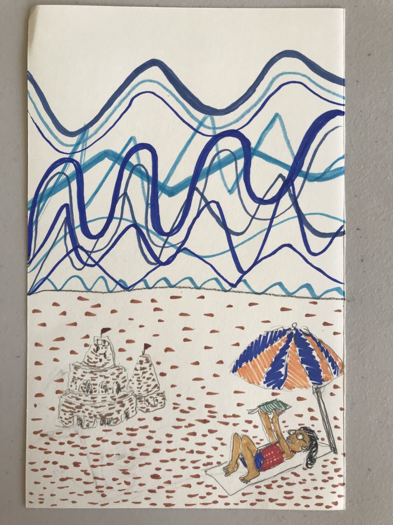 A drawing of a person lying on a beach with blue wavy lines above them