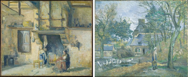 Camille Pissarro's The Kitchen at Piette’s, Montfoucault on left with his Ferme à Montfoucault (Farm at Montfoucault) on right