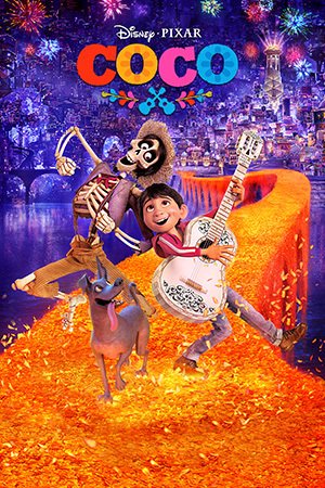 A movie poster showing a living skeleton and a Latinx boy playing guitar