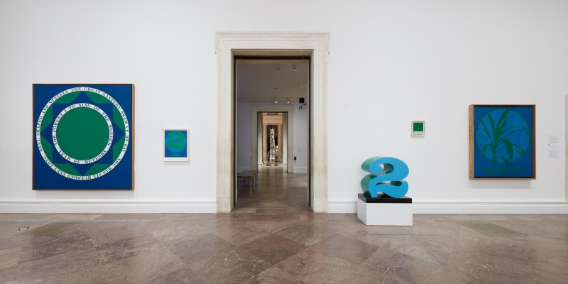 Installation view of Robert Indiana: A Sculpture Retrospective, featuring Indiana's Year of Meteors, 1961