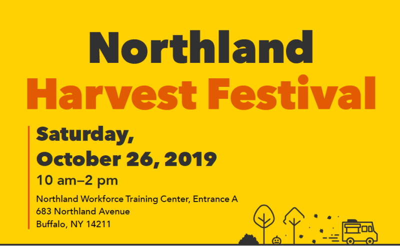 An orange-yellow rectangle that says "Northland Harvest Festival" in black and orange letters