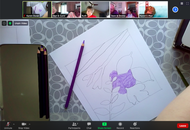 A screenshot of a computer screen showing a person's drawing of a plant during a Zoom call