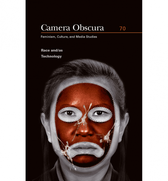 Cover of Camera Obscura with person's head in black and white with face in color, painted