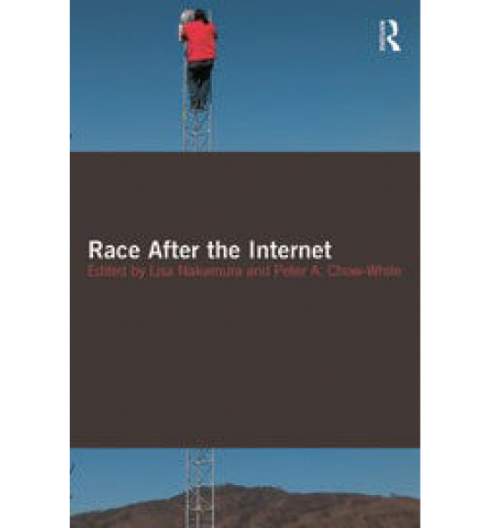 Cover of Race After the Internet: a photograph is overlaid with a brown block of color such that it emerges at the top and bottom of the page. The photo is of a person in a red shirt climbing a cell tower against a desert sky