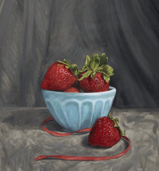 An oil painting of a blue bowl of strawberries and a red ribbon below it
