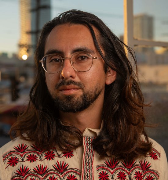 A person with long hair and short facial hair, wearing glasses and a patterned sweater with a cityscape in the background