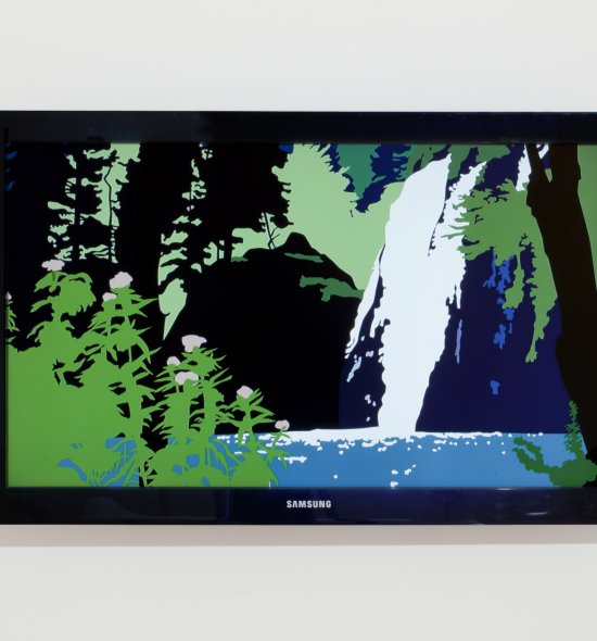 An illustration of a waterfall on a computer screen mounted to the wall