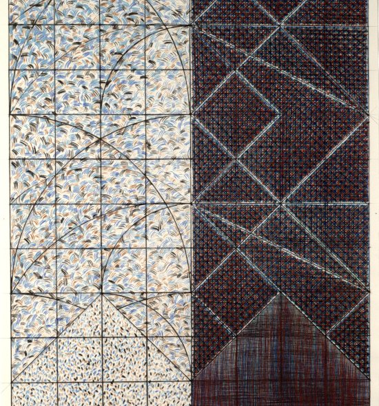 Drypoint artwork on Rives BFK paper that is lighter on the left side and darker on the right