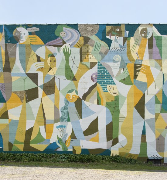 A large mural featuring figures performing different tasks